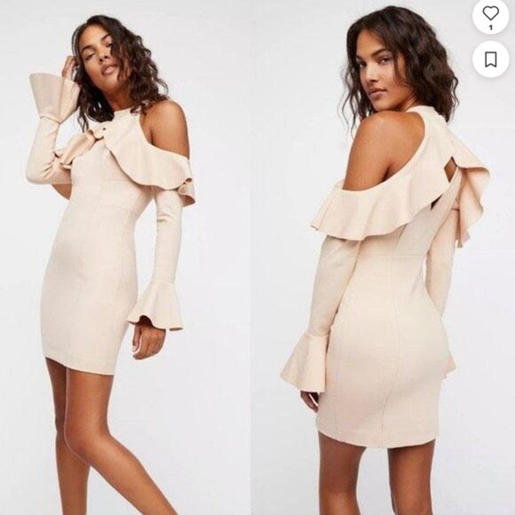 Free People Sweet Talk Frill Ruffle Cold Shoulder Tan Nude Cocktail Dress sz s - Picture 8 of 9